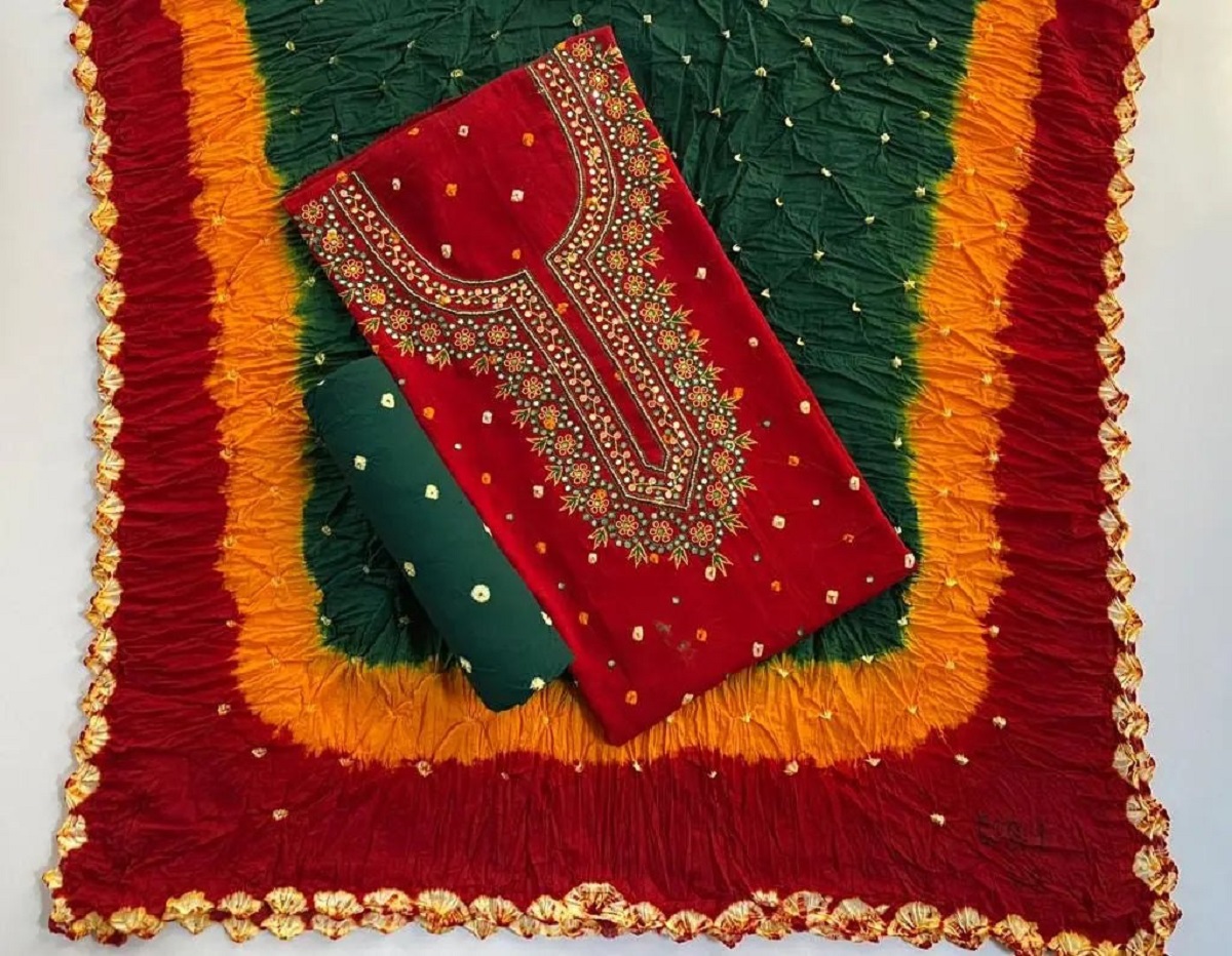 cotton mirror katha work kutch bandhani material unstitched ethenika in 1668779040