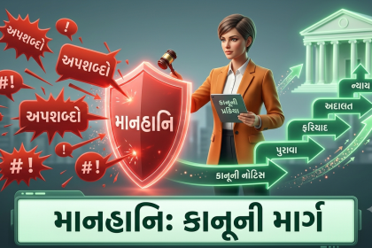 A professional and compelling 3D illustration based on multi-turn text and image_0.png, suitable for a news article about legal action against defamation on social media. The image visualizes the concept 'If you face badmouthing or defamatory posts on social media, you can file a defamation case: Know the full legal process.' A prominent, well-dressed female figure with short hair, representing the subject, stands confidently holding a gavel and a digital document showing the text 'કાનૂની પ્રક્રિયા' (Legal Process) from image_0.png. Her gaze is focused on a large, red shield she has created on the ground in front of her, which clearly shows the word 'માનહાનિ' (Defamation) in Gujarati and is deflecting a torrent of aggressive, chaotic speech bubble icons with spikes and angry digital symbols labeled 'અપશબ્દો' (Badmouthing). Behind the shield, from her side, an array of smooth, glowing green process arrows originates, forming an upward-climbing path with distinct stages: 'કાનૂની નોટિસ' (Legal Notice), 'પુરાવા' (Evidence), 'ફરિયાદ' (Complaint), 'અદાલત' (Court), and 'ન્યાય' (Justice), leading towards a luminous, stylized courthouse structure. A large, clean digital display panel, consistent with the green typography and style of image_0.png, runs horizontally along the bottom, featuring bold, clear dark green Gujarati text: 'માનહાનિ: કાનૂની માર્ગ' (Defamation: Legal Path). The perspective is a professional news-style rendering with soft, diffused depth, using the corporate, educational color palette of image_0.png (deep greens, warm oranges, blue-grey tones). Arrows and particle trails demonstrate the proactive conversion of negative elements into structured legal progress. The subject wears the same style of clothing and holds image elements with the text visible. There is a sense of empowerment through law.