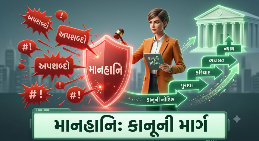 Defamation Laws & Legal Process: સોશિયલ મીડિયા પર કોઈ તમને બદનામ કરે તો ગભરાશો નહીં, માનહાનિના કેસ માટે જાણો સંપૂર્ણ કાયદાકીય પ્રક્રિયા 1 A professional and compelling 3D illustration based on multi-turn text and image_0.png, suitable for a news article about legal action against defamation on social media. The image visualizes the concept 'If you face badmouthing or defamatory posts on social media, you can file a defamation case: Know the full legal process.' A prominent, well-dressed female figure with short hair, representing the subject, stands confidently holding a gavel and a digital document showing the text 'કાનૂની પ્રક્રિયા' (Legal Process) from image_0.png. Her gaze is focused on a large, red shield she has created on the ground in front of her, which clearly shows the word 'માનહાનિ' (Defamation) in Gujarati and is deflecting a torrent of aggressive, chaotic speech bubble icons with spikes and angry digital symbols labeled 'અપશબ્દો' (Badmouthing). Behind the shield, from her side, an array of smooth, glowing green process arrows originates, forming an upward-climbing path with distinct stages: 'કાનૂની નોટિસ' (Legal Notice), 'પુરાવા' (Evidence), 'ફરિયાદ' (Complaint), 'અદાલત' (Court), and 'ન્યાય' (Justice), leading towards a luminous, stylized courthouse structure. A large, clean digital display panel, consistent with the green typography and style of image_0.png, runs horizontally along the bottom, featuring bold, clear dark green Gujarati text: 'માનહાનિ: કાનૂની માર્ગ' (Defamation: Legal Path). The perspective is a professional news-style rendering with soft, diffused depth, using the corporate, educational color palette of image_0.png (deep greens, warm oranges, blue-grey tones). Arrows and particle trails demonstrate the proactive conversion of negative elements into structured legal progress. The subject wears the same style of clothing and holds image elements with the text visible. There is a sense of empowerment through law.