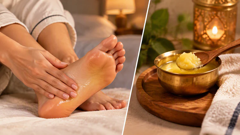 Ghee on Feet Benefits: રાત્રે પગના તળિયે ઘી લગાવવાથી શું થાય છે, સારી ઊંઘ સહિત જાણો તેના ફાયદા 1 Ghee on Feet Benefits